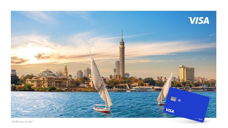 Cairo city view and a Visa card on the foreground