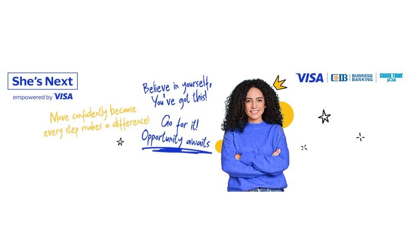 Young woman with curly hair stands confidently in a blue sweater. Positive affirmations in blue and orange text surround her with doodles, alongside Visa logos.