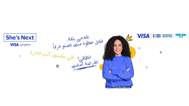Young woman with curly hair stands confidently in a blue sweater. Positive affirmations in blue and orange text surround her with doodles, alongside Visa logos.