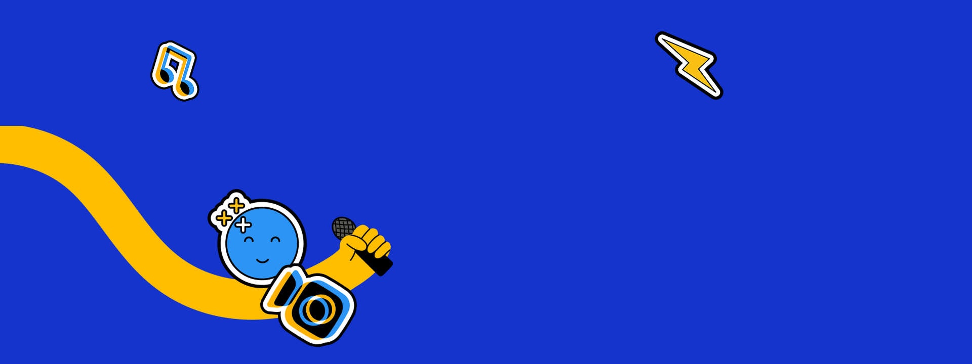 Illustrated character holding a microphone with music notes on a blue and yellow background.