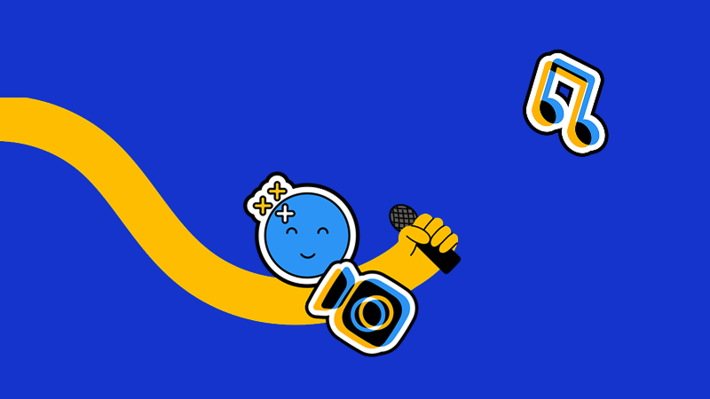 Illustrated character holding a microphone with music notes on a blue and yellow background.