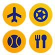 Airplane, star, baseball, spoon and fork inside circles