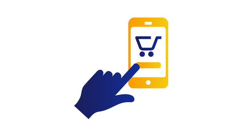 A finger poised to click the shopping cart button on a mobile phone.