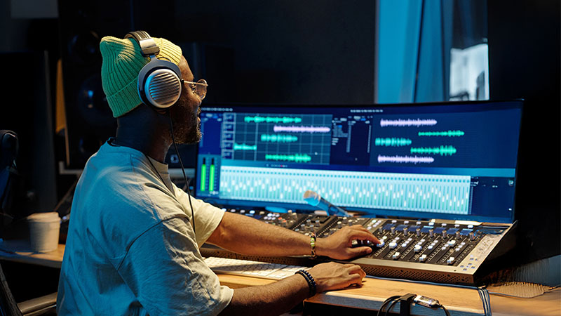 Music producer adjusting sound levels on mixing console in recording studio.